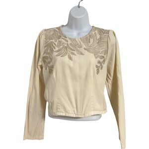 Broadway 38 Embroidered Women's Cropped Blouse Puff Sleeves Cream Size S